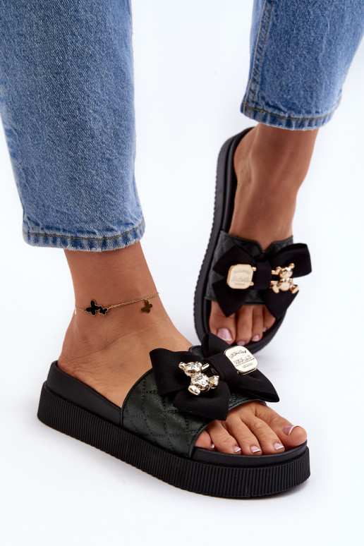 Feminino Chinelos com fitas i ursinhos de pelúciam cor preta Katterina