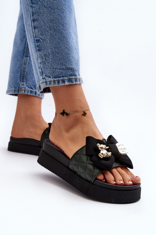 Feminino Chinelos com fitas i ursinhos de pelúciam cor preta Katterina