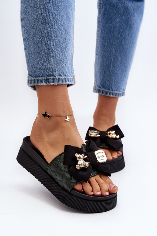 Feminino Chinelos com fitas i ursinhos de pelúciam cor preta Katterina