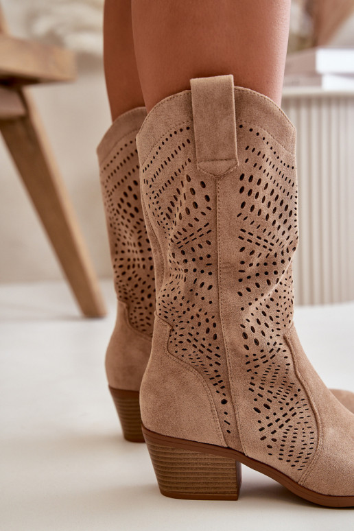 com elementos abertos Feminino botas estilo coParaboy com salto cor marrom Iceda