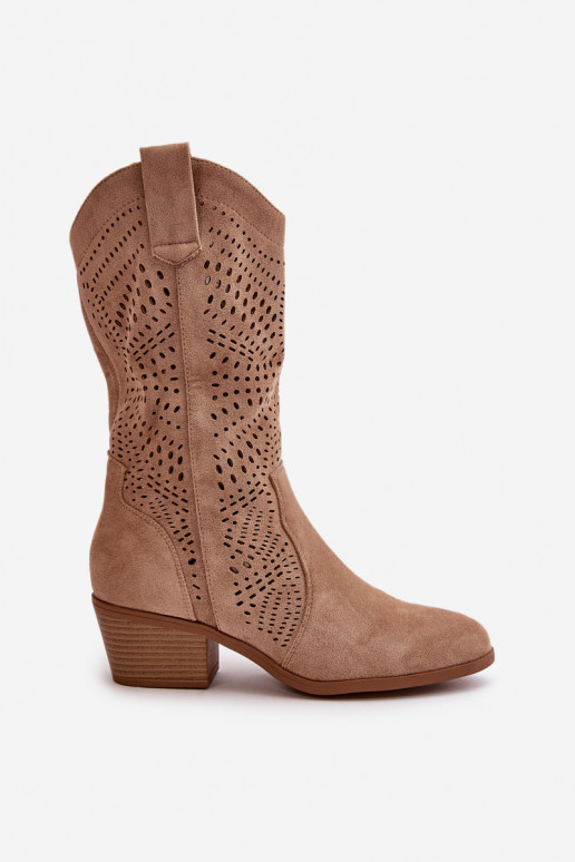 com elementos abertos Feminino botas estilo coParaboy com salto cor marrom Iceda