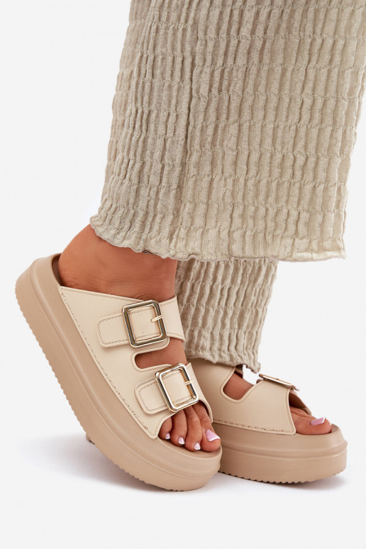 Chinelos femininos com uma plataforma Ze cor douradami com fivelasmi bege Zorila