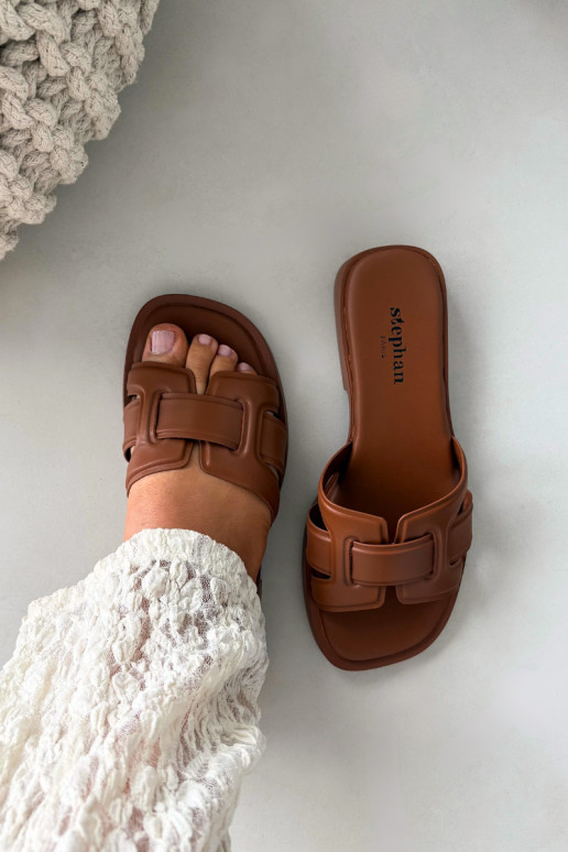 Chinelos femininos com salto largo cor marrom Lorania