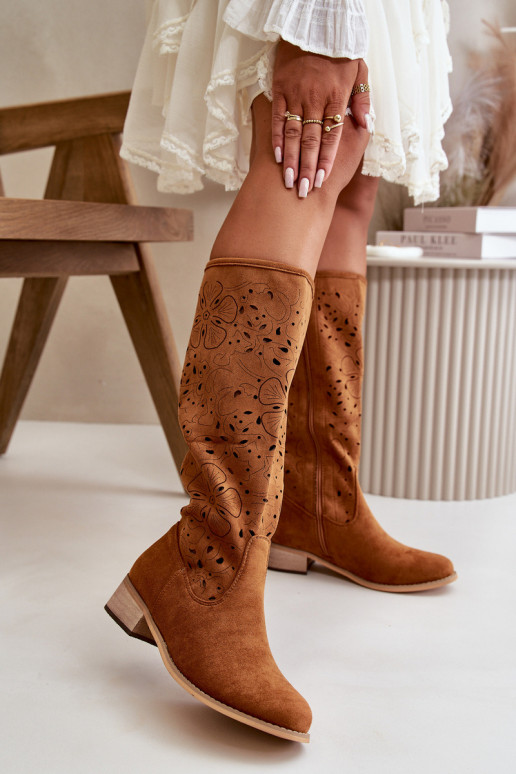 com elementos abertos botas femininas De salto baixo de camurça ecológicaoParae Preso Casal o castelo cor marrom Orchides