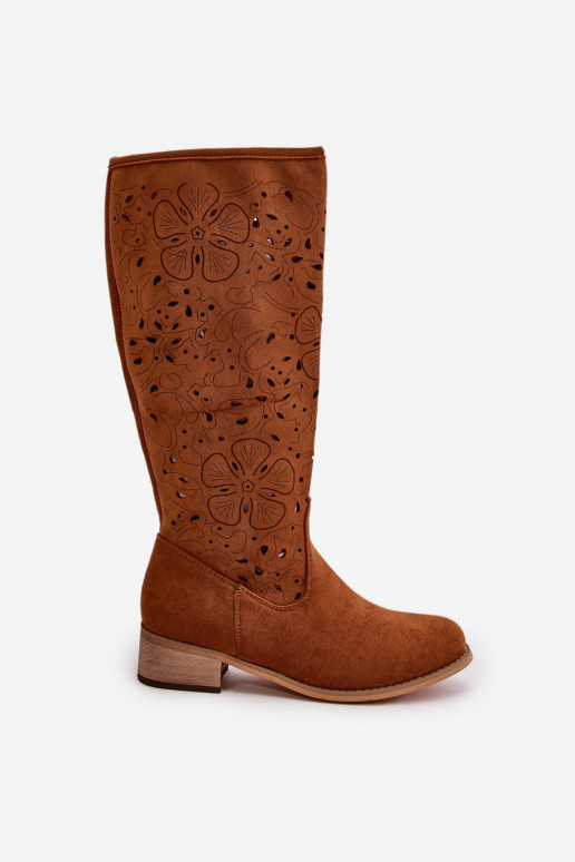 com elementos abertos botas femininas De salto baixo de camurça ecológicaoParae Preso Casal o castelo cor marrom Orchides