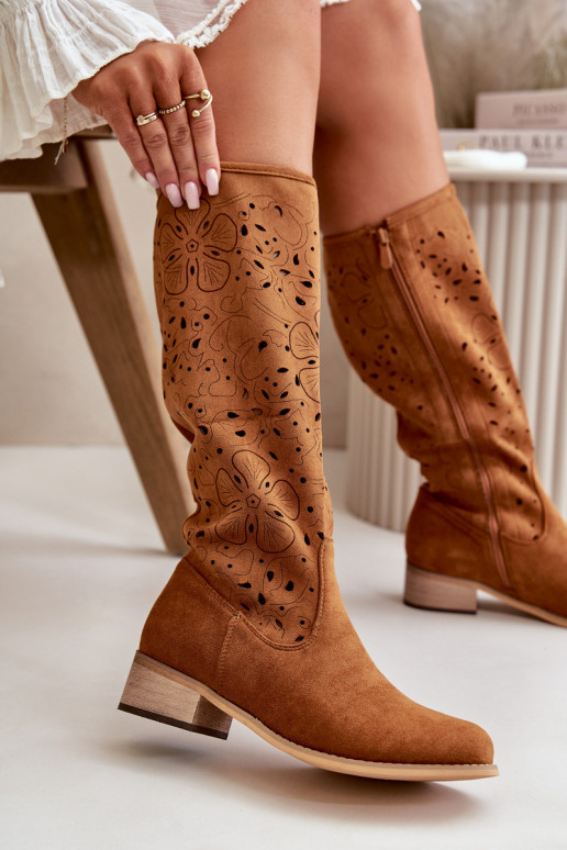 com elementos abertos botas femininas De salto baixo de camurça ecológicaoParae Preso Casal o castelo cor marrom Orchides