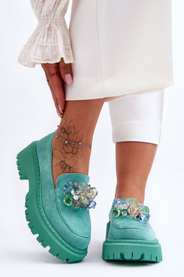 Mocassins femininos com cristais artificiais cor verde Avril 2