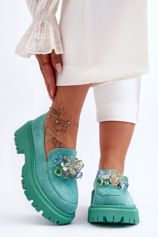 Mocassins femininos com cristais artificiais cor verde Avril