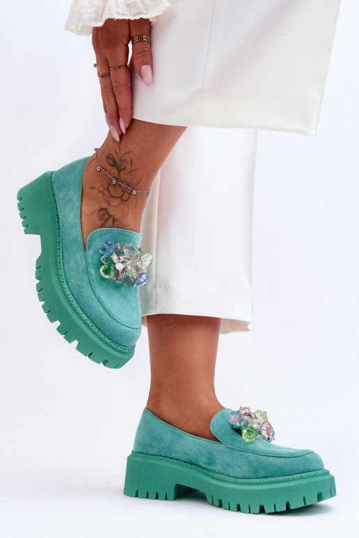 Mocassins femininos com cristais artificiais cor verde Avril