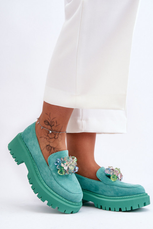Mocassins femininos com cristais artificiais cor verde Avril