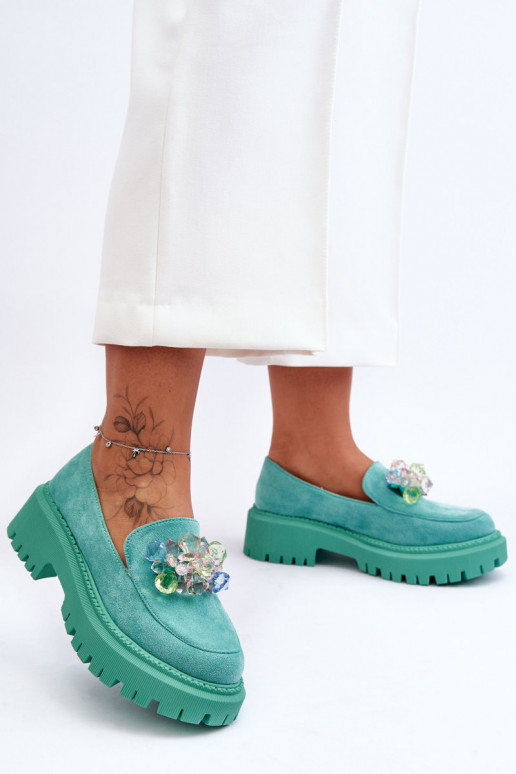 Mocassins femininos com cristais artificiais cor verde Avril