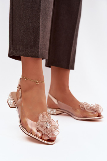 Sandálias transparentes rose gold D&A MR52-230 com salto baixo, com brilhos e decoração