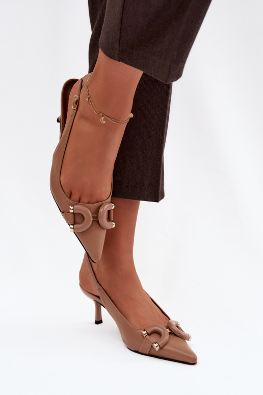 Sandálias femininas com salto fino Com decorações Detalem cor marrom Brienne