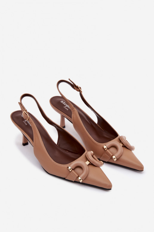 Sandálias femininas com salto fino Com decorações Detalem cor marrom Brienne