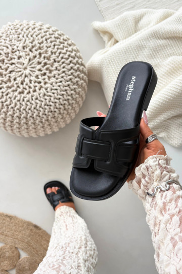 Chinelos femininos com salto largo cor preta Lorania