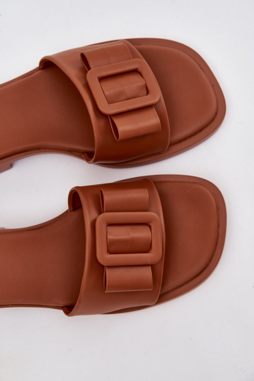 Chinelos femininos com salto largo com fivelas cor marrom Melivra