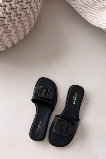 Chinelos femininos com salto largo com fivelas cor preta Melivra 2