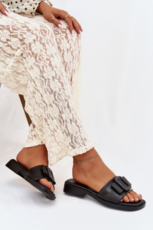 Chinelos femininos com salto largo com fivelas cor preta Melivra