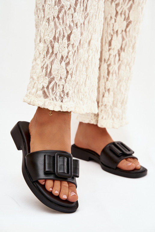 Chinelos femininos com salto largo com fivelas cor preta Melivra