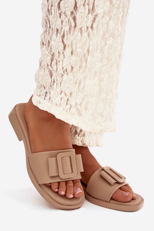 Chinelos femininos com salto largo com fivelas bege Melivra