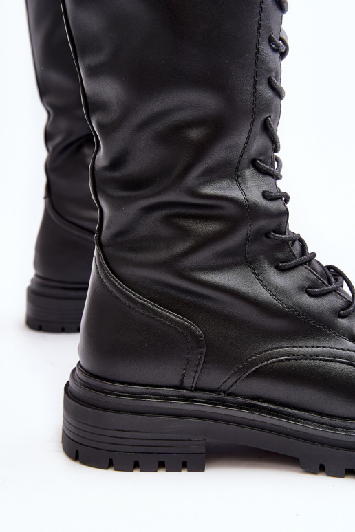 botas sapatos de flor de cerejeira Feminino Meio da panturrilha com atacadores cor preta Elavettsa