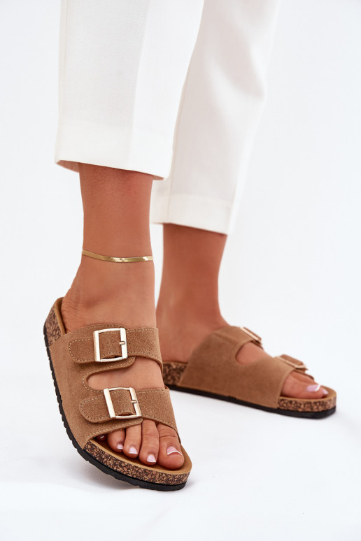 Chinelos femininos Ze cor douradami com fivelasmi I Przeszyciami cor marrom Lunera