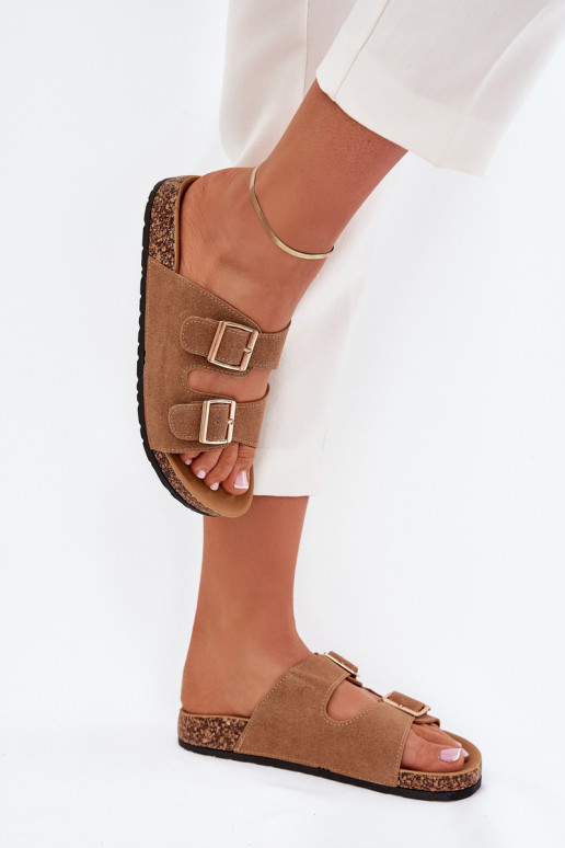 Chinelos femininos Ze cor douradami com fivelasmi I Przeszyciami cor marrom Lunera