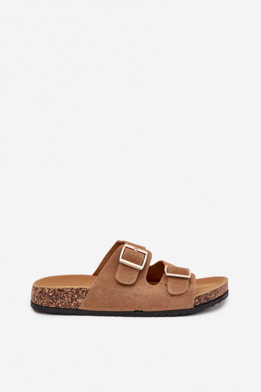 Chinelos femininos Ze cor douradami com fivelasmi I Przeszyciami cor marrom Lunera