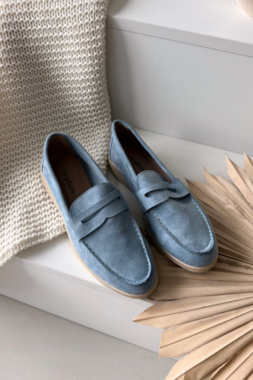 Mocassins femininos de camurça sintética, cor azul Renelia