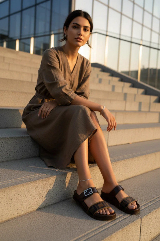 Chinelos femininos com fivelas douradas, cor marrom