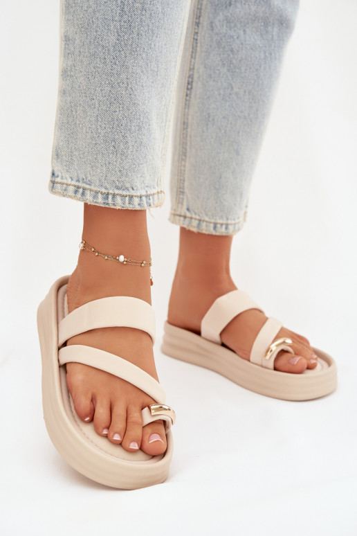  Chinelos femininos com listras I cor douradam Detalem cor de marfim Farielle