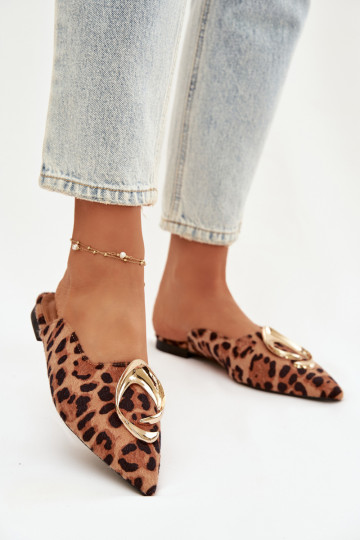 Chinelos femininos Mule Com decorações cor douradam Detalem com padrões de pele de leopardo Galvella