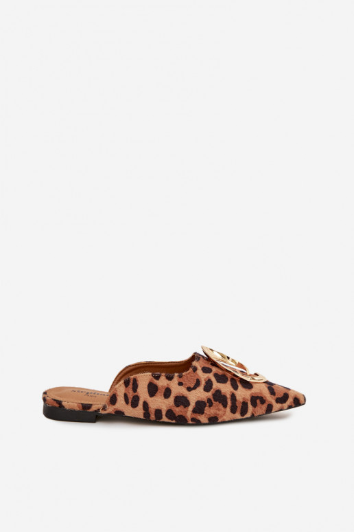 Chinelos femininos Mule Com decorações cor douradam Detalem com padrões de pele de leopardo Galvella