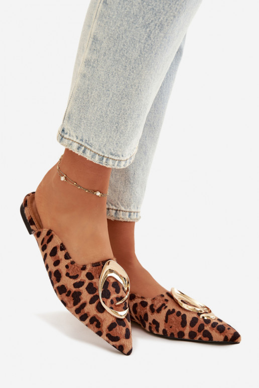 Chinelos femininos Mule Com decorações cor douradam Detalem com padrões de pele de leopardo Galvella