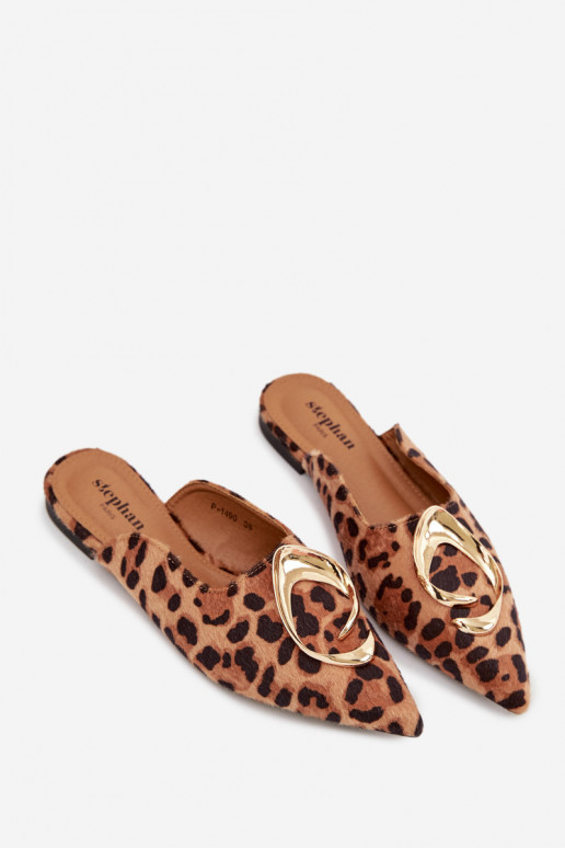 Chinelos femininos Mule Com decorações cor douradam Detalem com padrões de pele de leopardo Galvella
