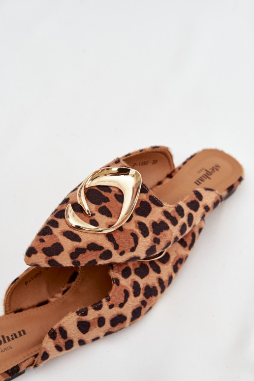 Chinelos femininos Mule Com decorações cor douradam Detalem com padrões de pele de leopardo Galvella
