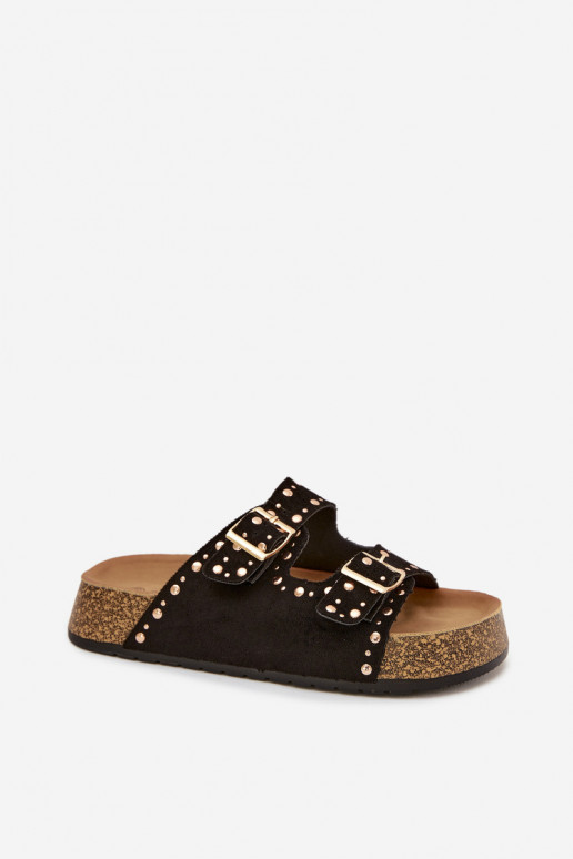 Chinelos femininos Ze cor douradami com fivelasmi E pregos cor preta Tervina