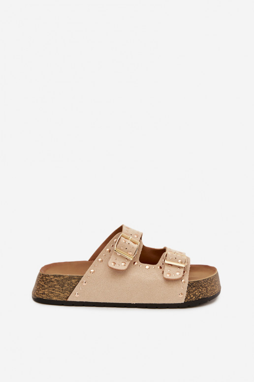 Chinelos femininos Ze cor douradami com fivelasmi E pregos cor de marfim Tervina