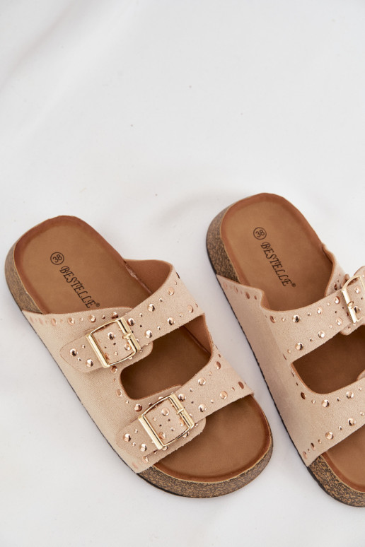 Chinelos femininos Ze cor douradami com fivelasmi E pregos cor de marfim Tervina