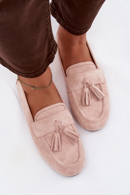 Mocassins Apartamento feminino com franjas Tom rosa claro Tem que serrilisse