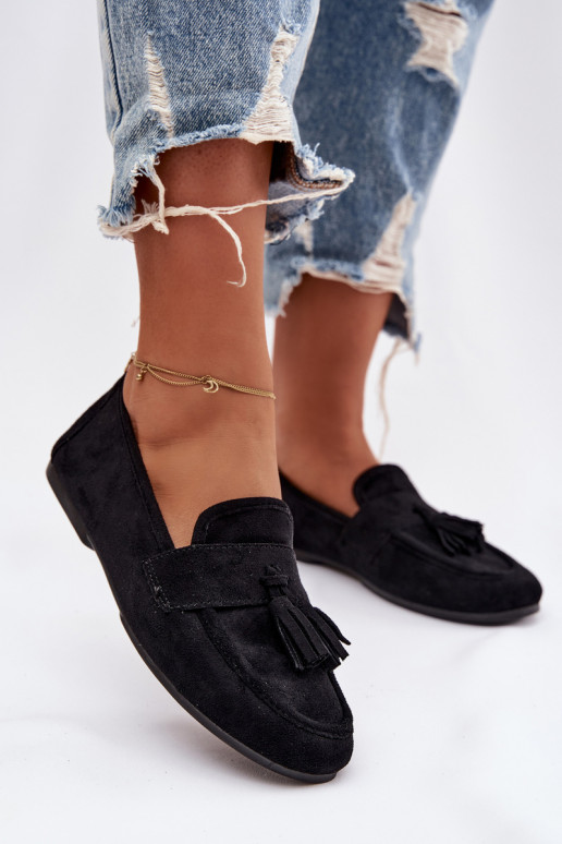 Mocassins Apartamento feminino com franjas cor preta Tem que serrilisse