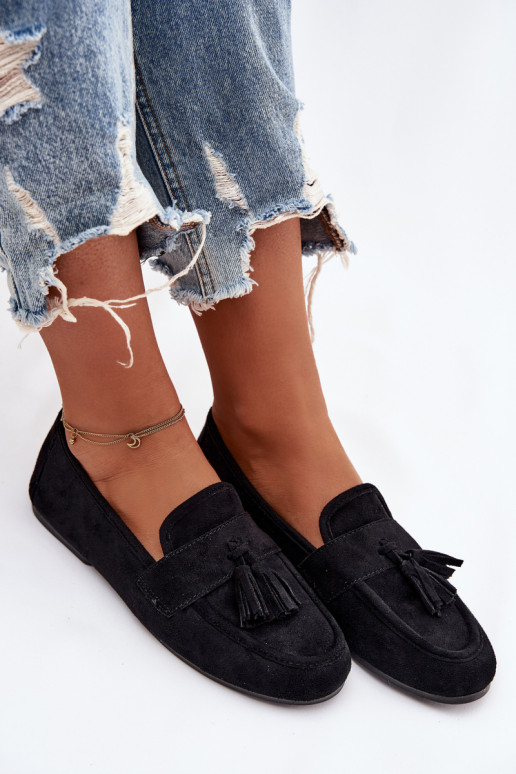 Mocassins Apartamento feminino com franjas cor preta Tem que serrilisse