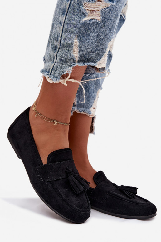 Mocassins Apartamento feminino com franjas cor preta Tem que serrilisse