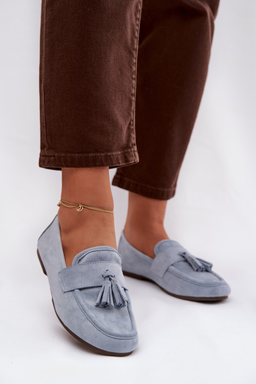 Mocassins Apartamento feminino com franjas cor azul Tem que serrilisse