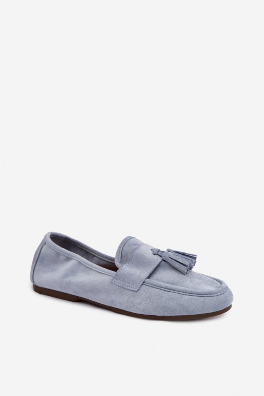 Mocassins Apartamento feminino com franjas cor azul Tem que serrilisse