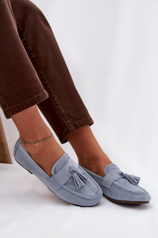 Mocassins Apartamento feminino com franjas cor azul Tem que serrilisse