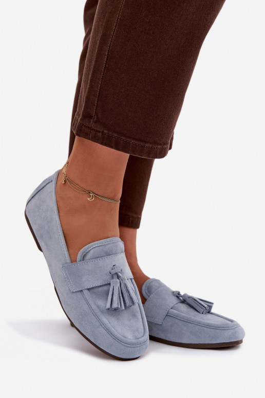 Mocassins Apartamento feminino com franjas cor azul Tem que serrilisse