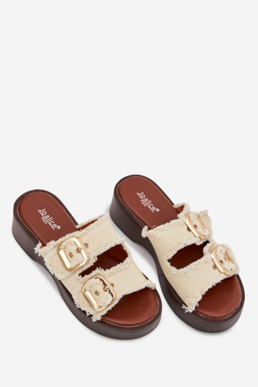 Chinelos femininos com uma plataforma Ze cor douradami com fivelasmi cor de marfim Renelisse