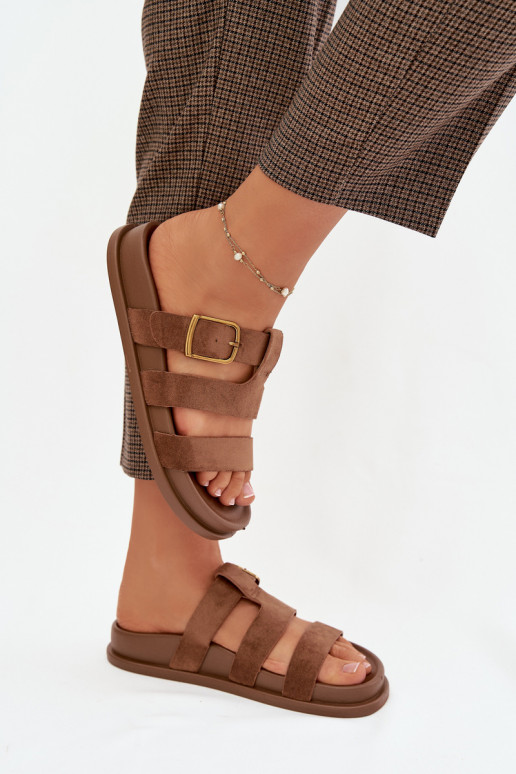 Chinelos femininos com listras I Złotą com fivelas cor marrom Ulirissa