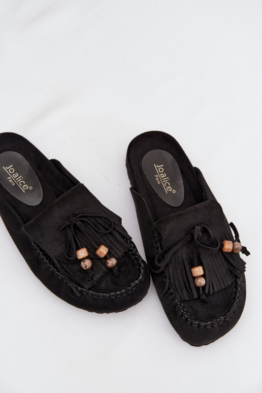 Chinelos femininos Mule com franjas I cor coralikami cor preta Belissa